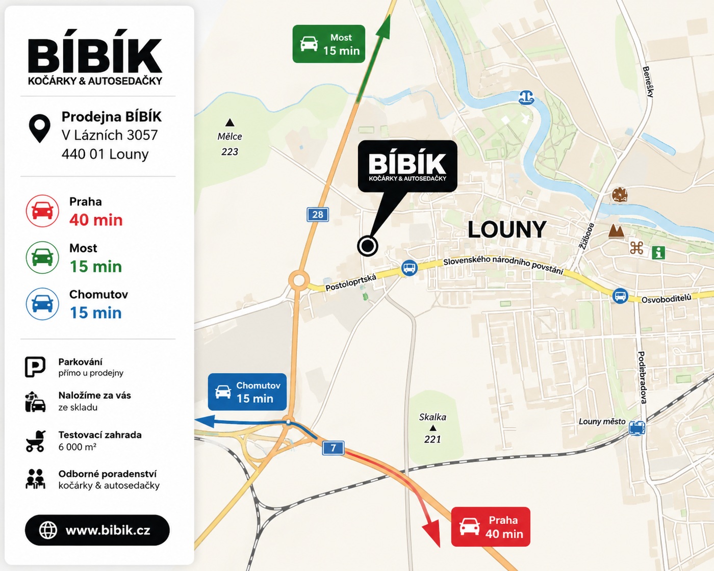 Mapa s polohou prodejny BÍBÍK v Lounech, V Lázních 3057, a dojezdovými časy Praha 40 minut, Most 15 minut, Chomutov 15 minut